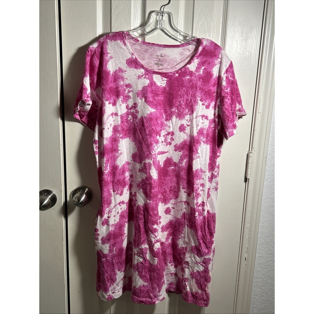 Just Be Women's Tie Dye Pink‎ Short Sleeve Tunic Top Stretchy Dress Size 1X